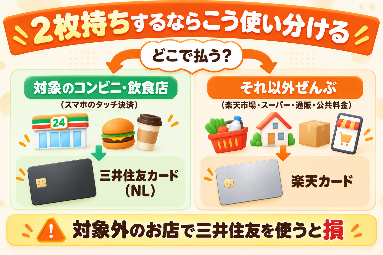2枚持ちするならこう使い分ける 対象のコンビニ・飲食店（スマホのタッチ決済）は三井住友カード（NL） それ以外ぜんぶ（楽天市場・スーパー・通販・公共料金）は楽天カード 対象外のお店で三井住友を使うと損