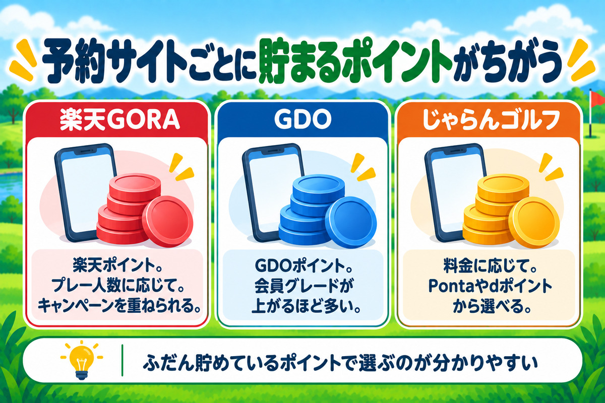 ゴルフ場予約サイトのポイント比較。楽天GORAは楽天ポイント、GDOはグレード制のGDOポイント、じゃらんゴルフは料金の1%でPontaやdポイント