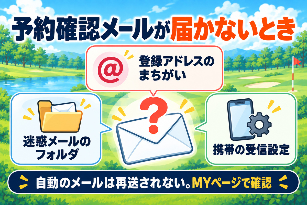 予約確認メールが届かないとき。登録アドレスのまちがい、迷惑メールのフォルダ、携帯の受信設定を確認。自動のメールは再送されないのでMYページで確認