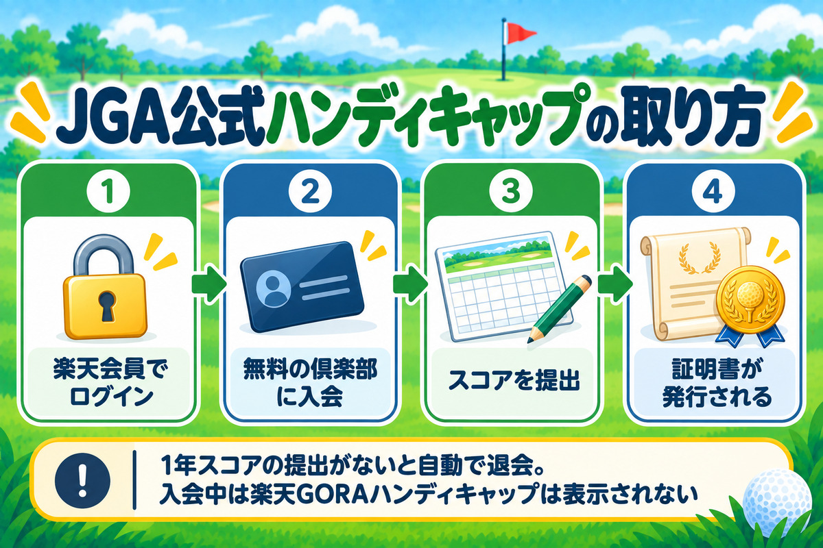 JGA公式ハンディキャップインデックスの取り方。楽天会員でログイン、無料のJGAハンディキャップ倶楽部に入会、スコアを提出、証明書が発行される