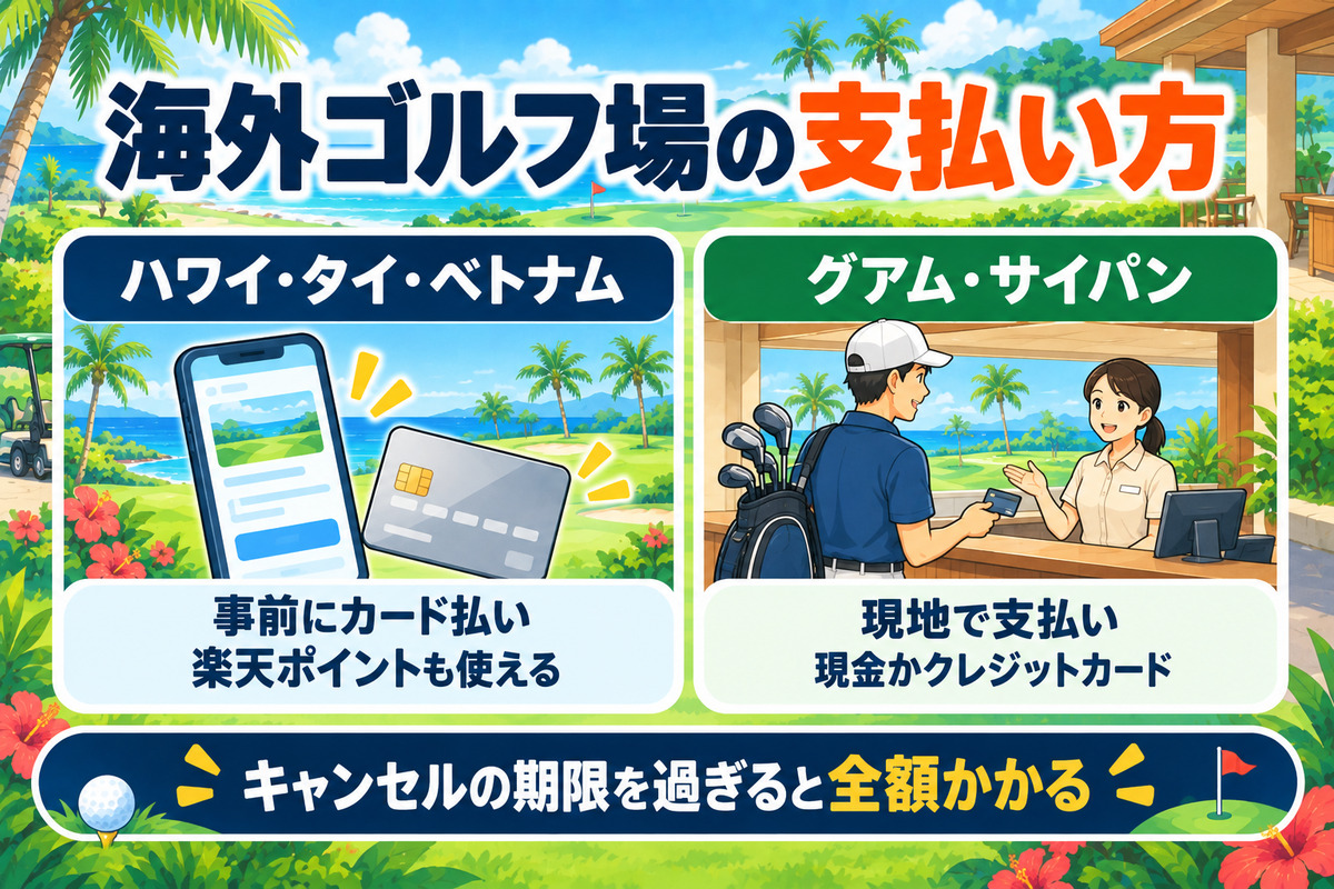海外ゴルフ場の支払い方。ハワイ・タイ・ベトナムは事前にカード払いで楽天ポイントも使える、グアム・サイパンは現地で現金かクレジットカード。キャンセルの期限を過ぎると全額かかる