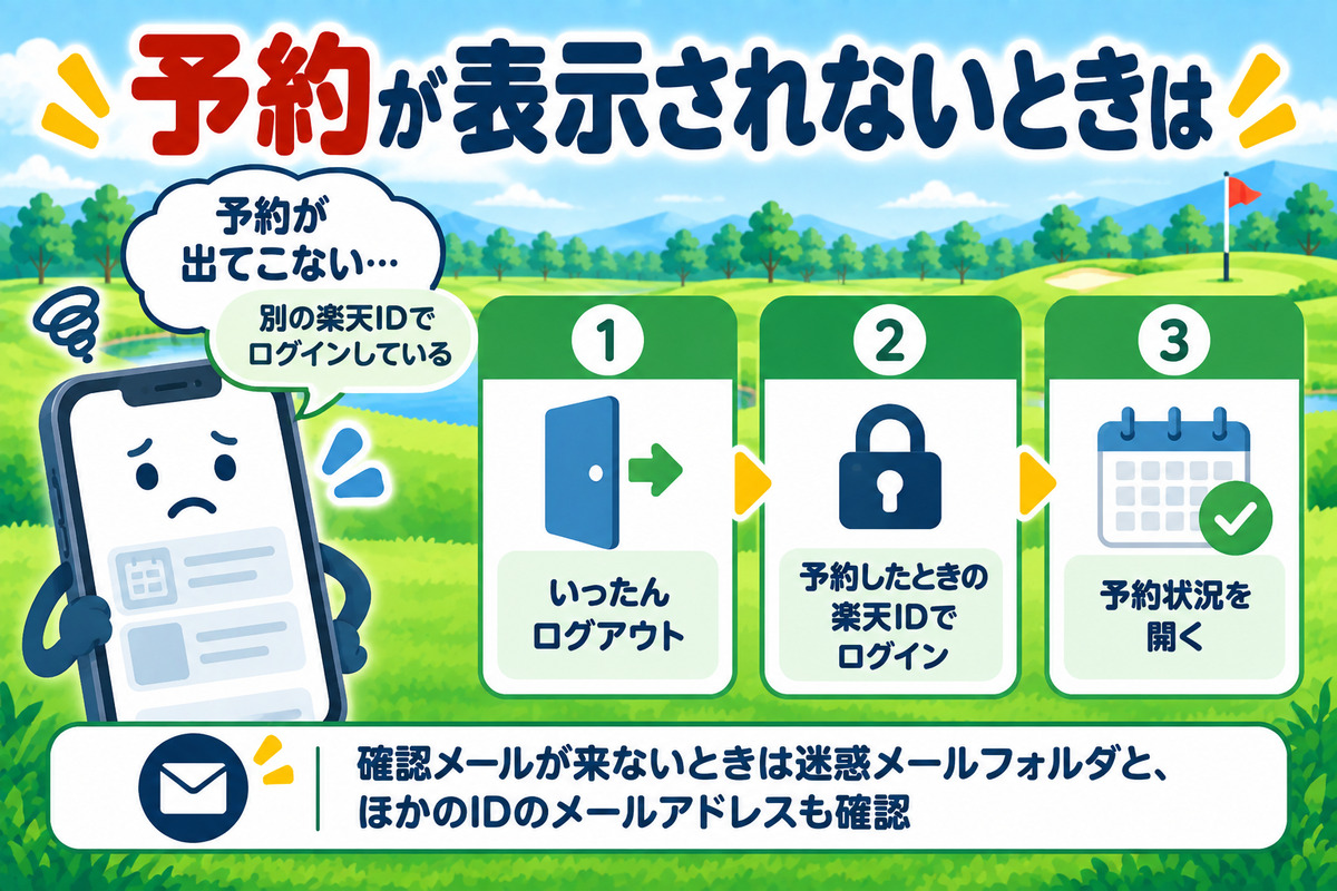 楽天GORAで予約が表示されないときは、別の楽天IDでログインしていないか確認し、予約したときの楽天IDでログインし直す