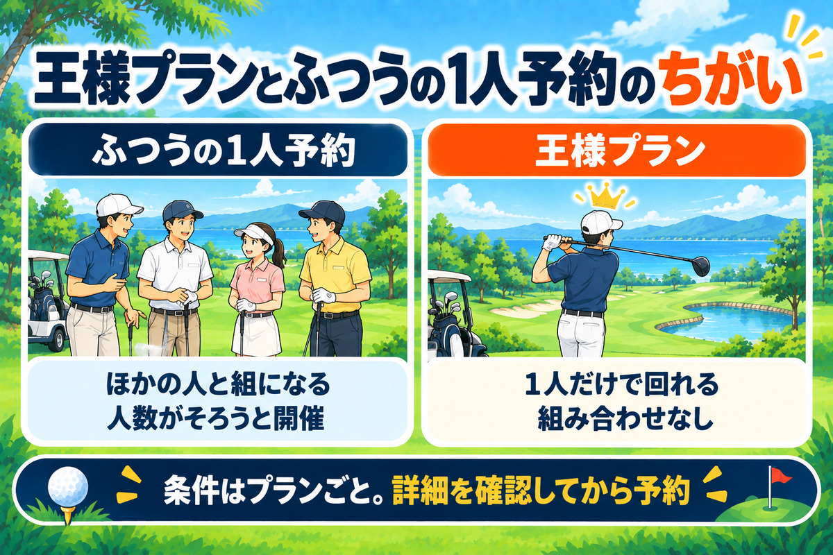 王様プランとふつうの1人予約のちがい。ふつうの1人予約はほかの人と組になり人数がそろうと開催、王様プランは1人だけで回れて組み合わせなし。条件はプランごとなので詳細を確認してから予約