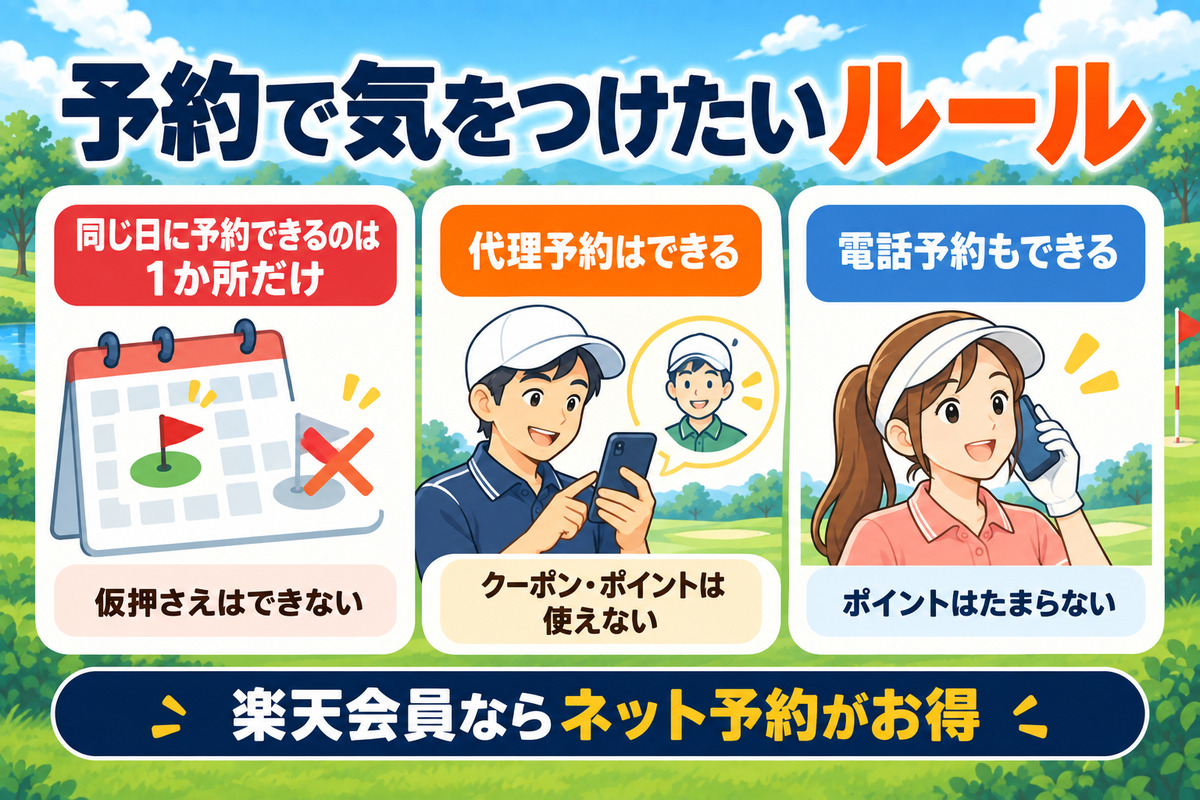 予約で気をつけたいルール。同じ日に予約できるのは1か所だけ、代理予約はクーポン・ポイントが使えない、電話予約はポイントがたまらない
