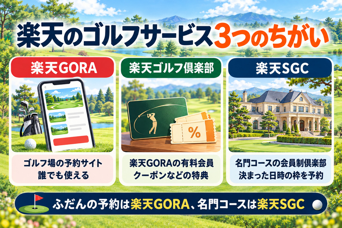 楽天のゴルフサービス3つのちがい。楽天GORAはゴルフ場の予約サイト、楽天ゴルフ倶楽部は楽天GORAの有料会員、楽天SGCは名門コースの会員制倶楽部