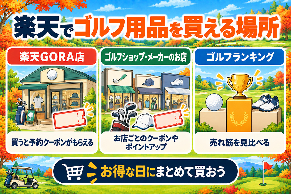 楽天でゴルフ用品を買える場所。楽天GORA店、楽天市場のゴルフショップ、楽天市場のゴルフランキング。お得な日にまとめて買おう