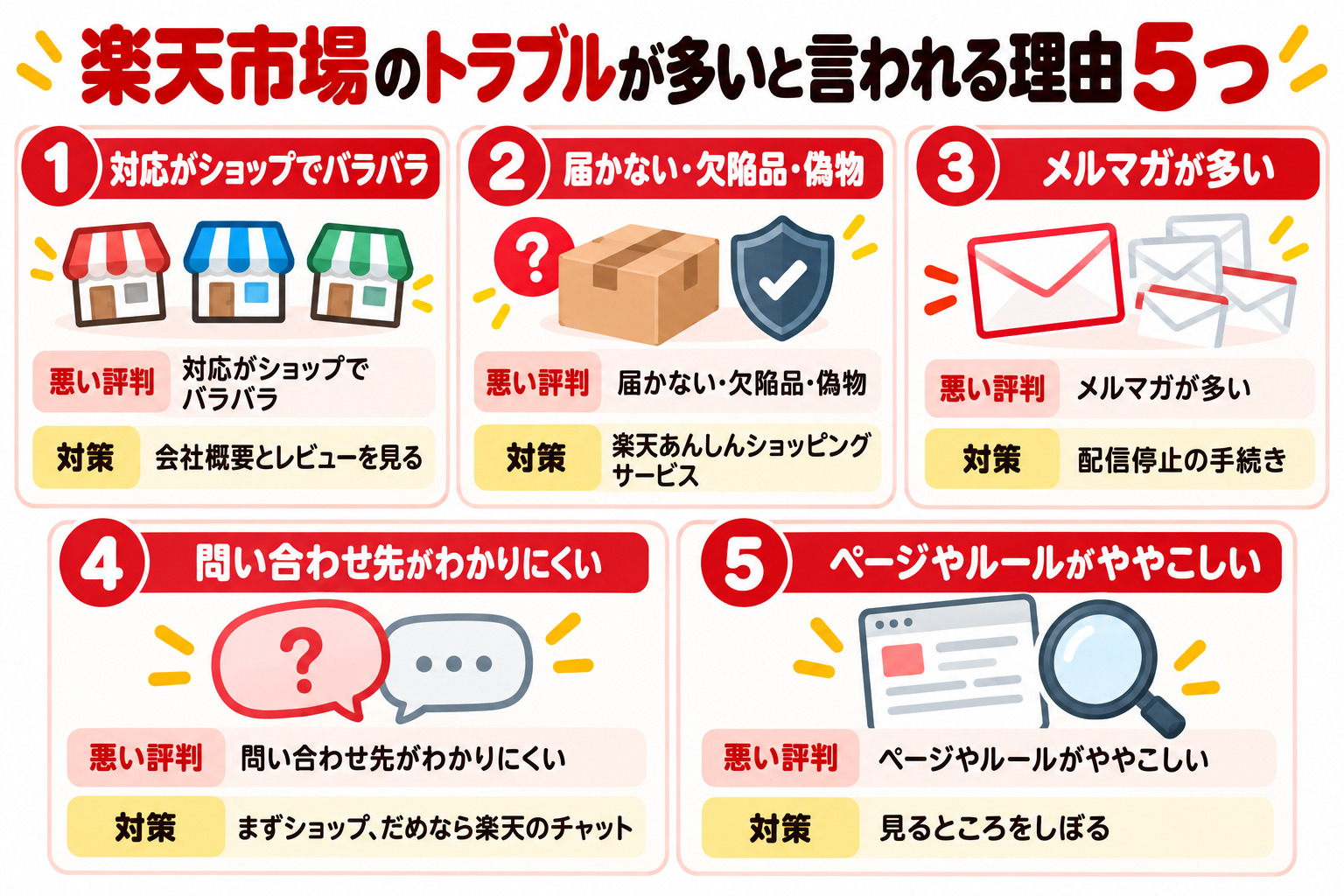 楽天市場のトラブルが多いと言われる理由5つ 1 対応がショップでバラバラ 対策 会社概要とレビューを見る 2 届かない・欠陥品・偽物 対策 楽天あんしんショッピングサービス 3 メルマガが多い 対策 配信停止の手続き 4 問い合わせ先がわかりにくい 対策 まずショップ、だめなら楽天のチャット 5 ページやルールがややこしい 対策 見るところをしぼる
