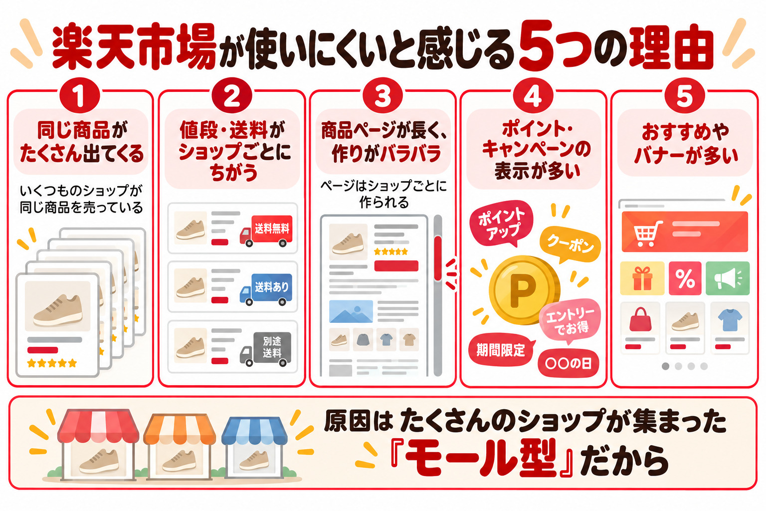 楽天市場が使いにくいと感じる5つの理由 1 同じ商品がたくさん出てくる 2 値段・送料がショップごとにちがう 3 商品ページが長く作りがバラバラ 4 ポイント・キャンペーンの表示が多い 5 おすすめやバナーが多い 原因はたくさんのショップが集まったモール型だから