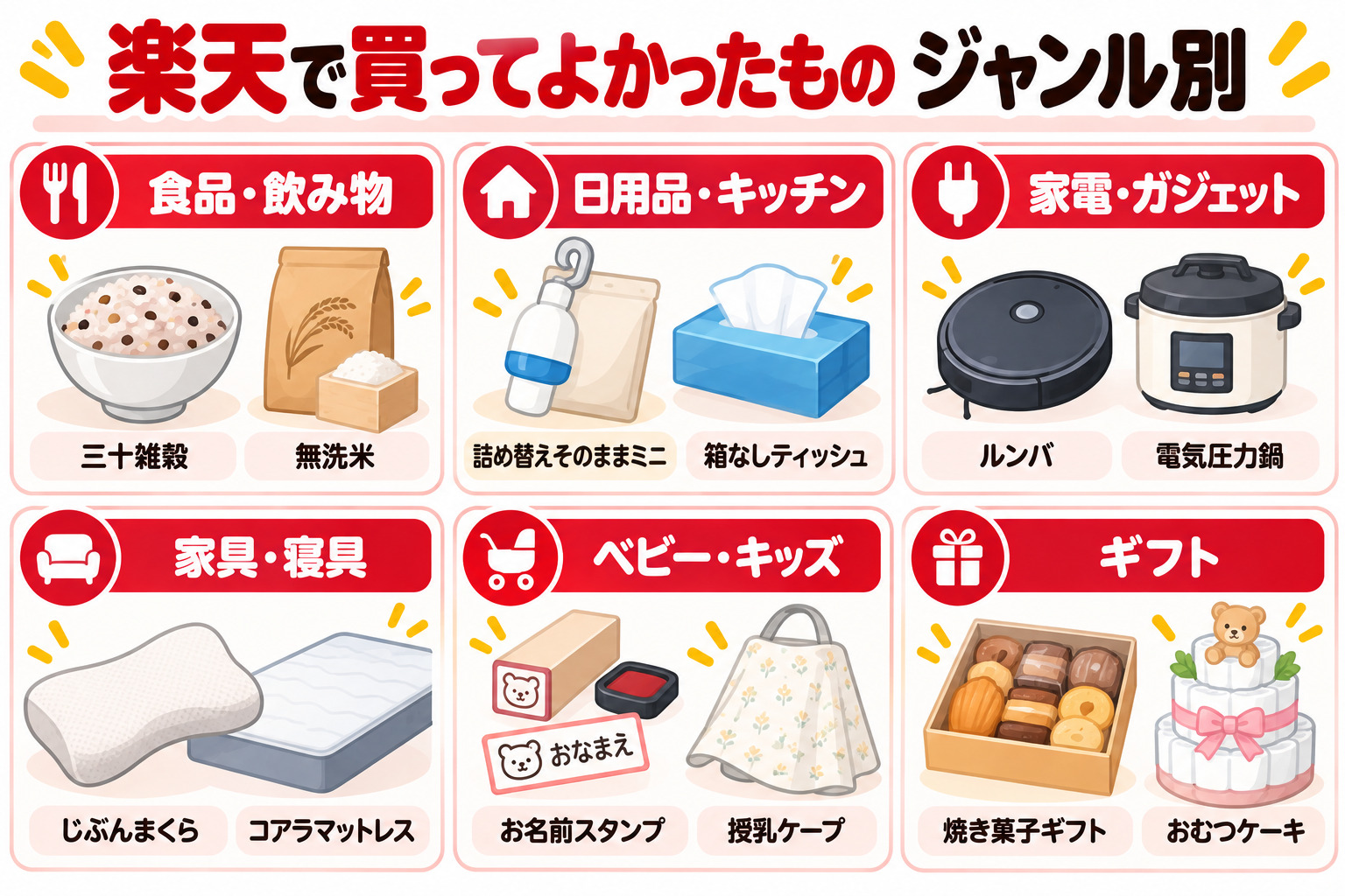 楽天で買ってよかったもの ジャンル別 食品・飲み物 三十雑穀 無洗米 日用品・キッチン 詰め替えそのままミニ 箱なしティッシュ 家電・ガジェット ルンバ 電気圧力鍋 家具・寝具 じぶんまくら コアラマットレス ベビー・キッズ お名前スタンプ 授乳ケープ ギフト 焼き菓子ギフト おむつケーキ