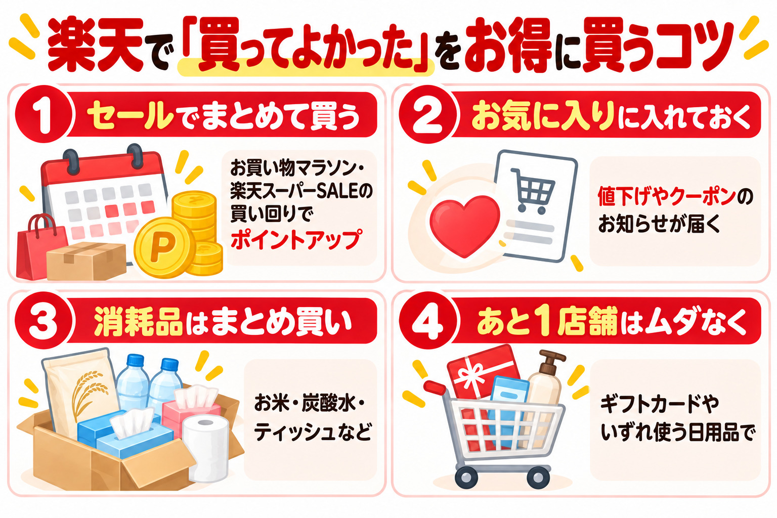 楽天で買ってよかったをお得に買うコツ 1 セールでまとめて買う 2 お気に入りに入れておく 3 消耗品はまとめ買い 4 あと1店舗はムダなく