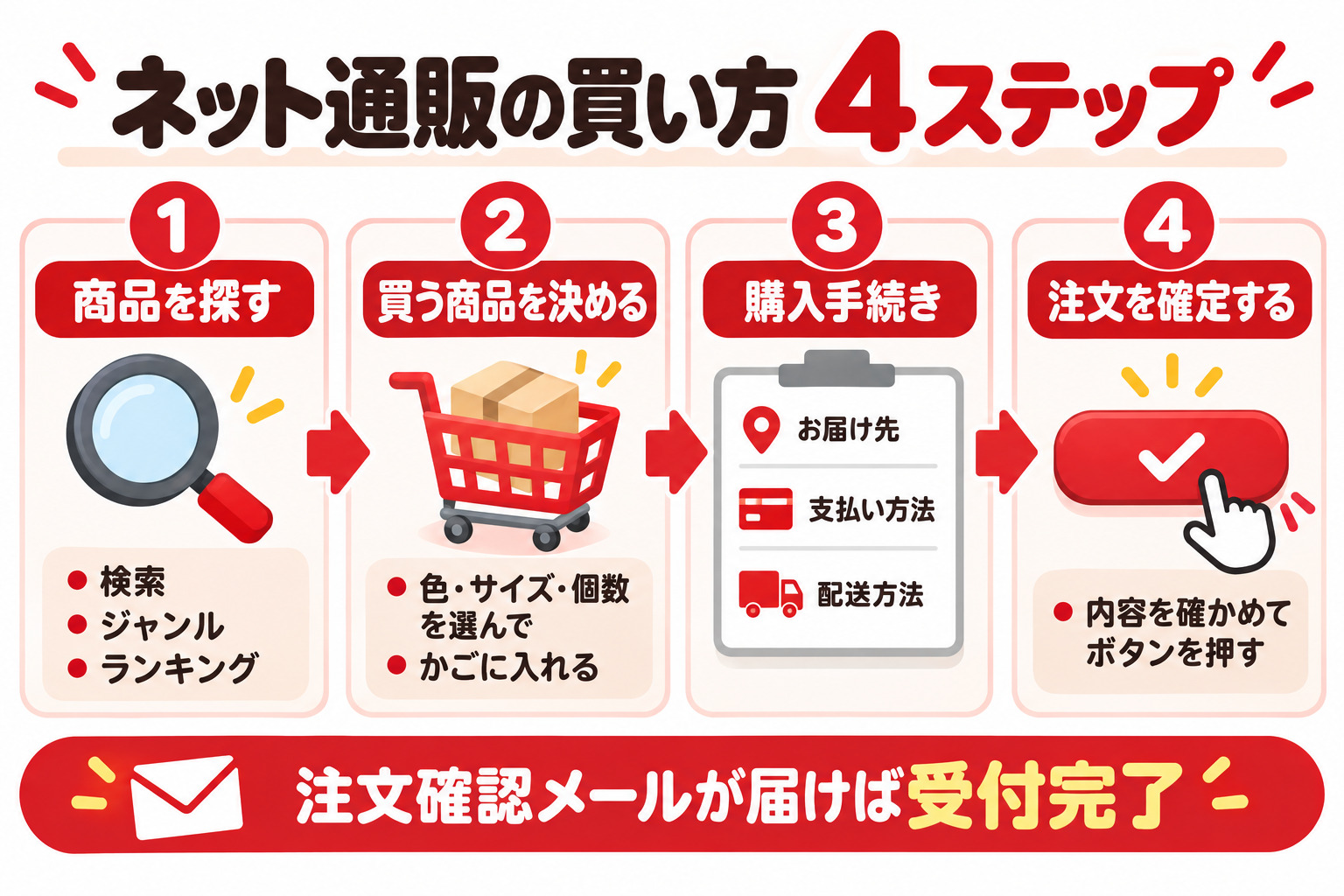 ネット通販(楽天市場)の買い方4ステップ 1 商品を探す 検索・ジャンル・ランキング 2 買う商品を決める 色・サイズ・個数を選んでかごに入れる 3 購入手続き お届け先・支払い方法・配送方法 4 注文を確定する 内容を確かめてボタンを押す 注文確認メールが届けば受付完了