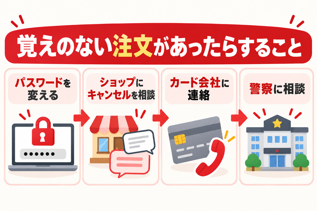 覚えのない注文があったらパスワード変更・ショップ・カード会社・警察に連絡する流れの図
