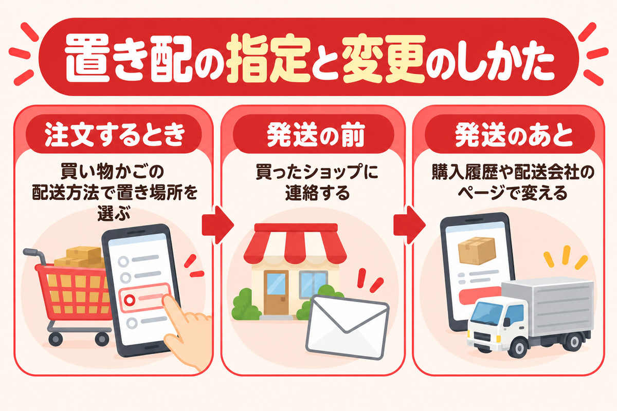 置き配は注文するときに購入手続きで指定し、発送前はショップ、発送後は購入履歴や配送会社のページで変える流れの図