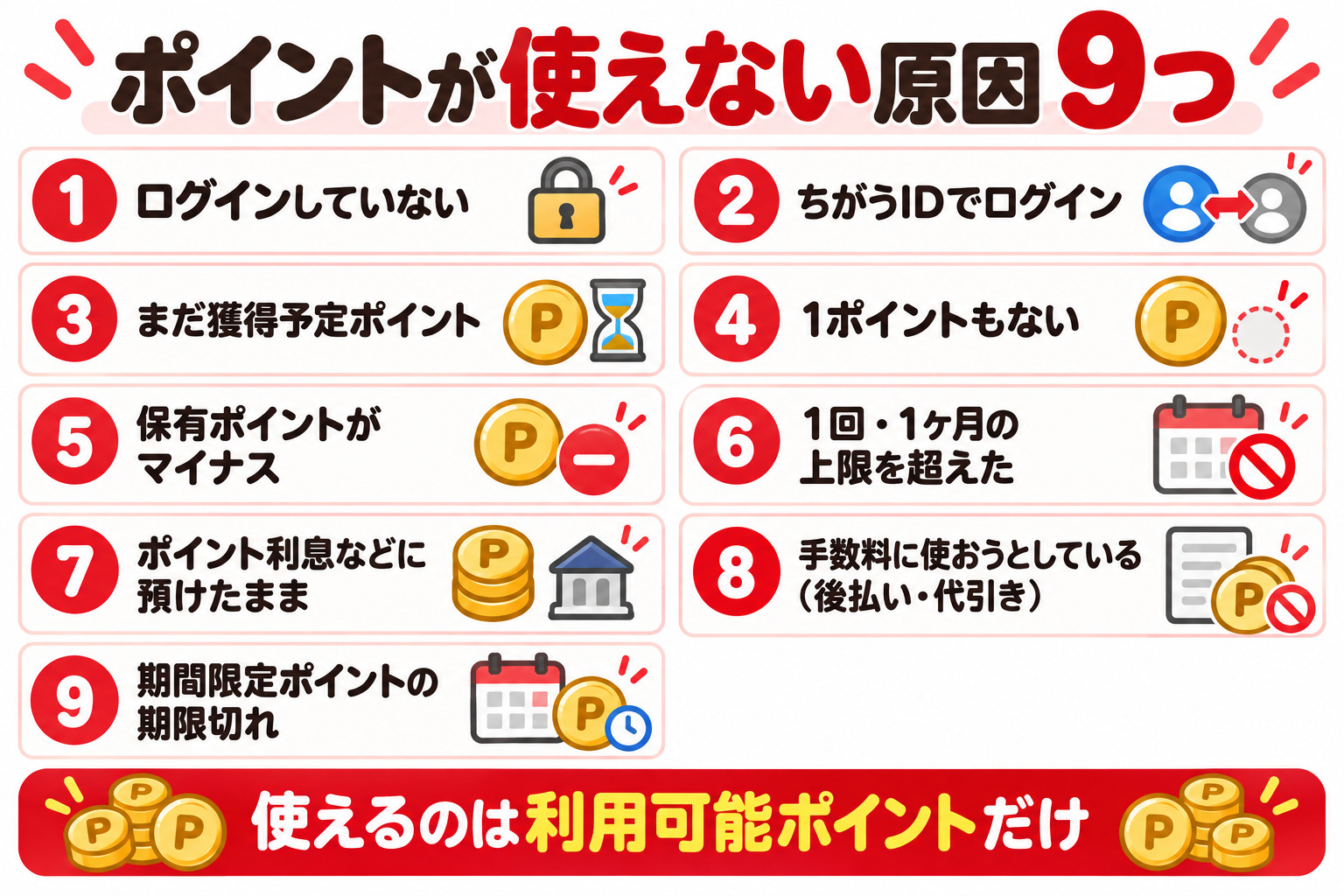 ポイントが使えない原因9つ 1 ログインしていない 2 ちがうIDでログイン 3 まだ獲得予定ポイント 4 1ポイントもない 5 保有ポイントがマイナス 6 1回・1ヶ月の上限を超えた 7 ポイント利息などに預けたまま 8 手数料に使おうとしている 9 期間限定ポイントの期限切れ 使えるのは利用可能ポイントだけ