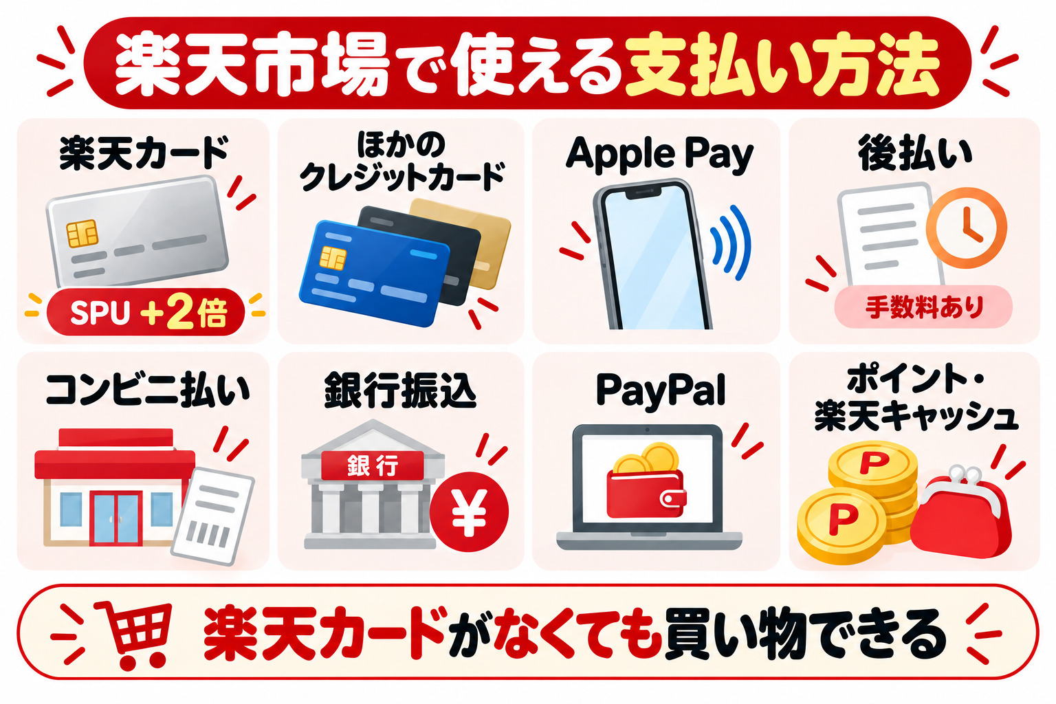楽天市場で使える支払い方法 楽天カード SPU+2倍 ほかのクレジットカード Apple Pay 後払い 手数料あり コンビニ払い 銀行振込 PayPal ポイント・楽天キャッシュ 楽天カードがなくても買い物できる