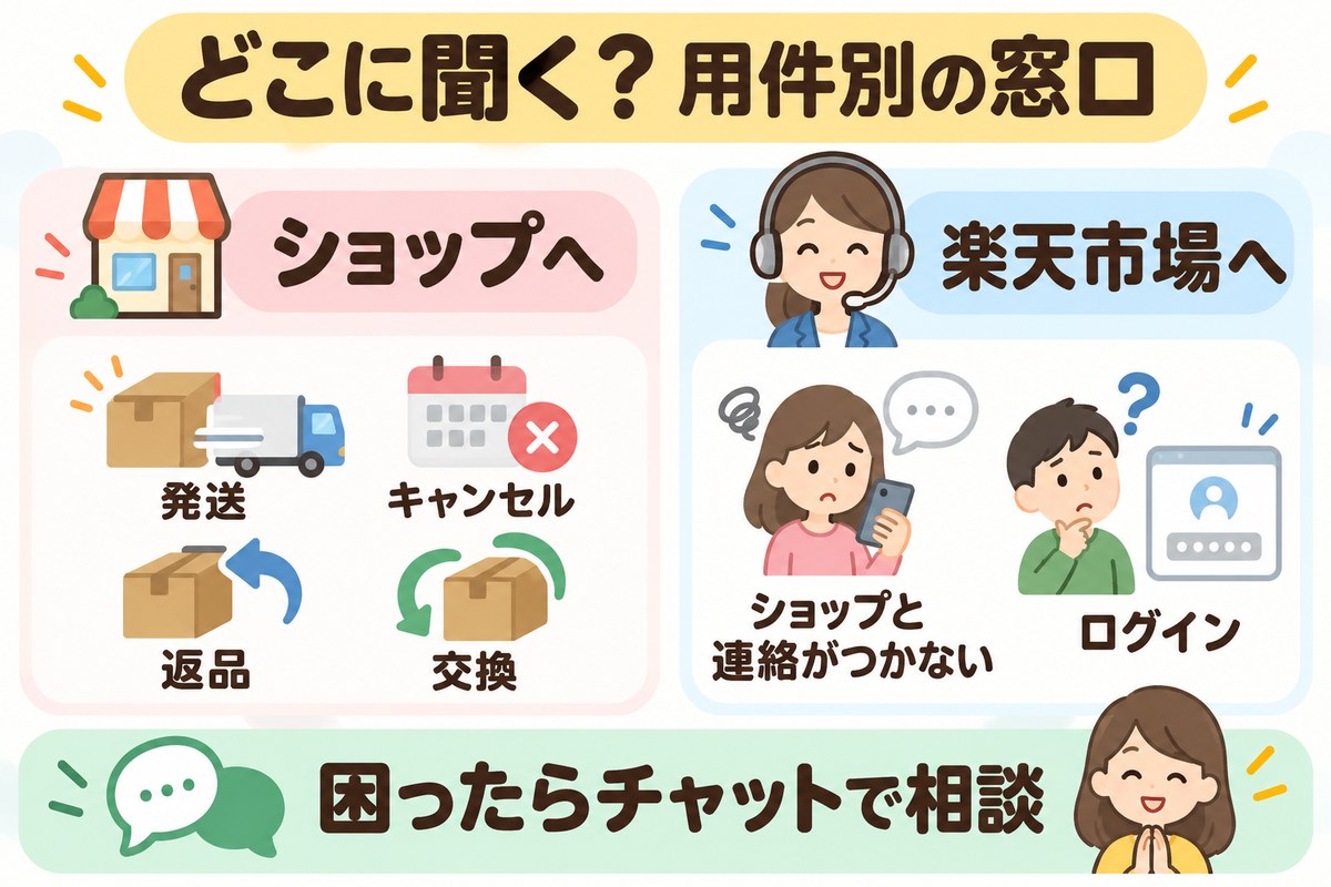 楽天市場の問い合わせ先は用件で分かれる|発送・キャンセル・返品・交換はショップへ/ショップと連絡がつかない・ログインは楽天市場へ