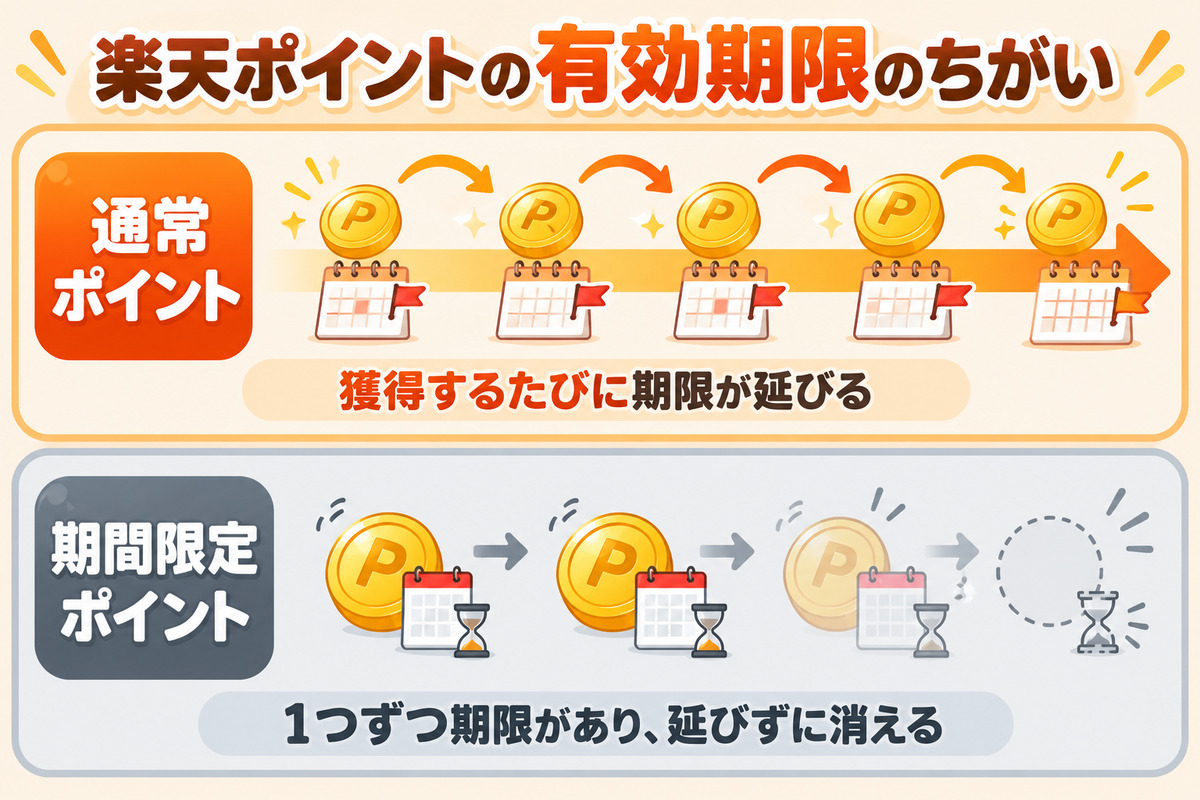 通常ポイントは獲得するたびに期限が延びる、期間限定ポイントはポイントごとに期限があり延びずに失効する