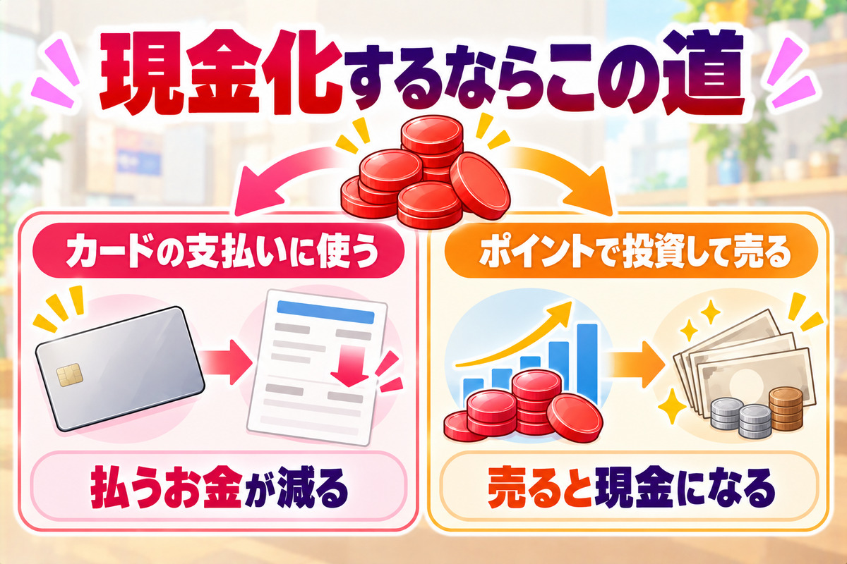 楽天ポイントを現金化するなら、カードの支払いに使うか、ポイントで投資して売る
