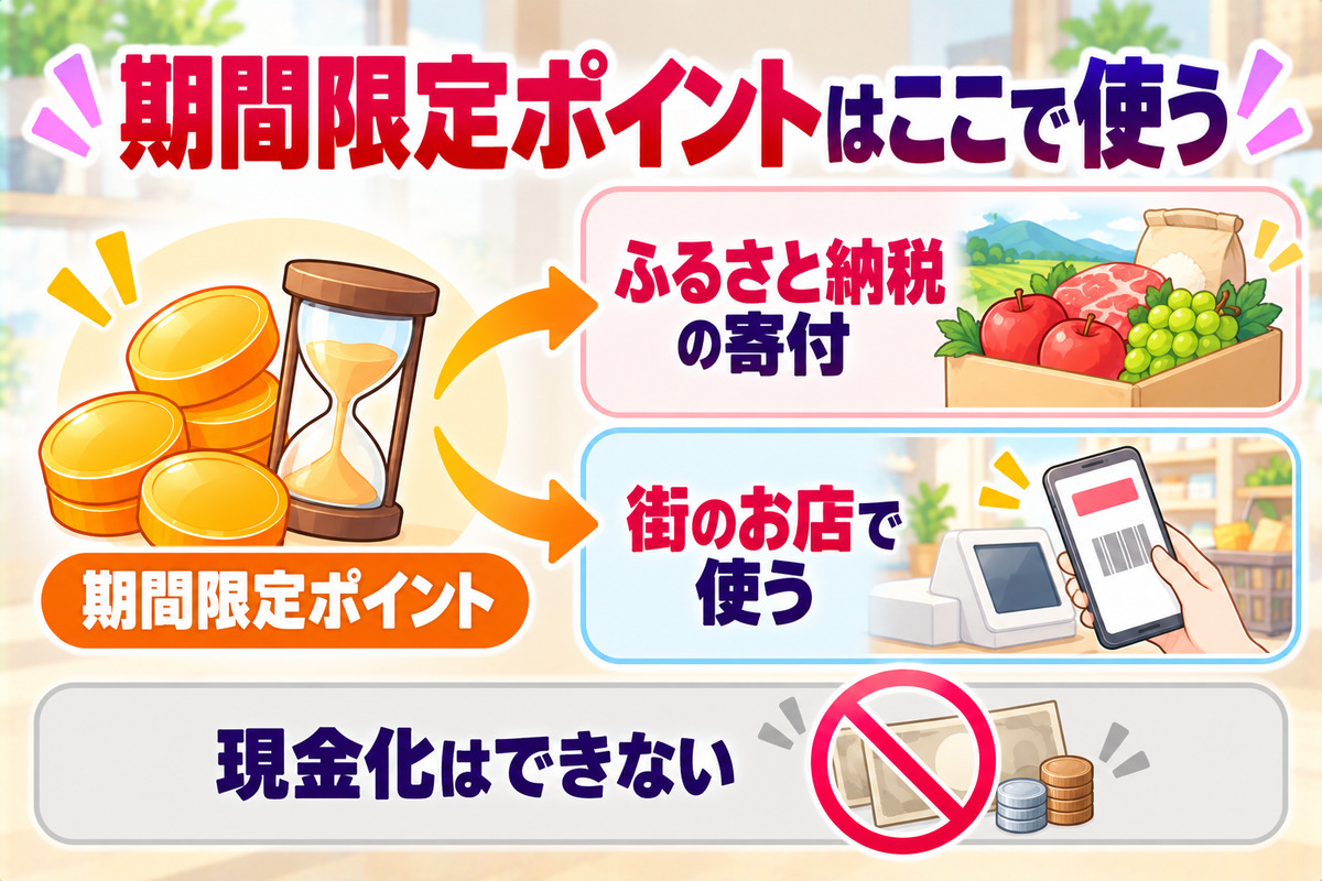 期間限定ポイントは現金化できないので、ふるさと納税の寄付や街のお店で使う