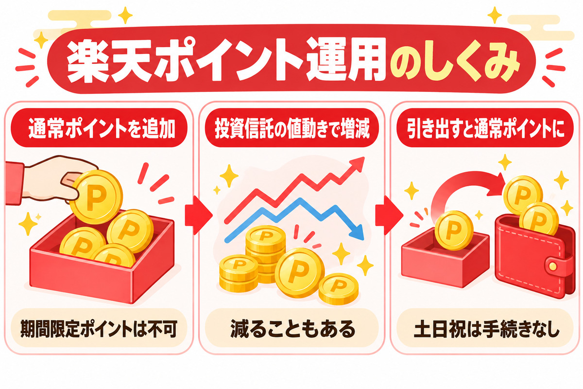 楽天ポイント運用のしくみ|通常ポイントを追加→投資信託の値動きで増減→引き出すと通常ポイントに