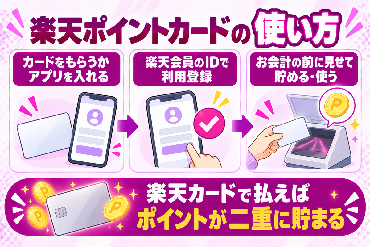楽天ポイントカードの使い方(カードをもらうかアプリを入れる・楽天会員のIDで利用登録・お会計の前に見せて貯める・使う)