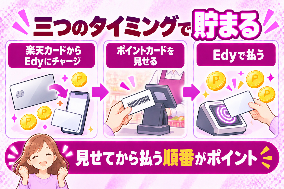 楽天カードから楽天Edyにチャージし、ポイントカードを見せてから楽天Edyで払うと、三つのタイミングでポイントが貯まる
