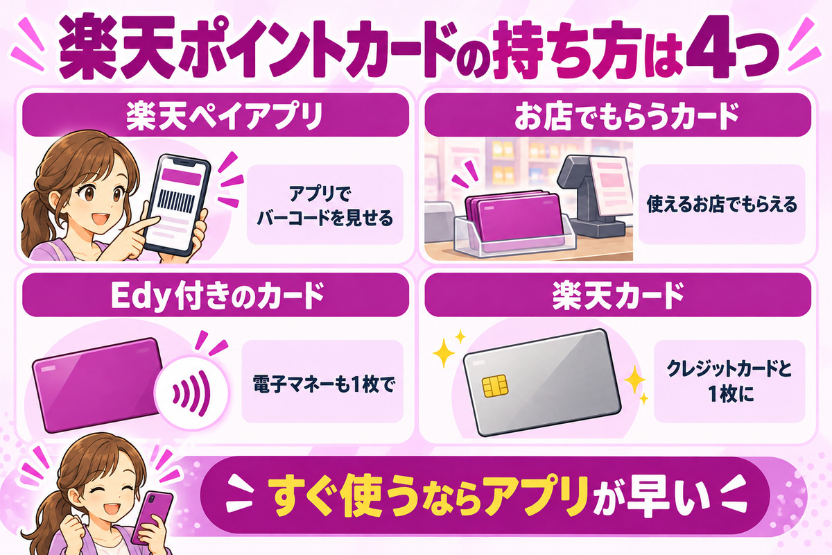 楽天ポイントカードの4つの持ち方。楽天ペイアプリ、お店でもらうカード、Edy付きのカード、楽天カード。すぐ使うならアプリが早い