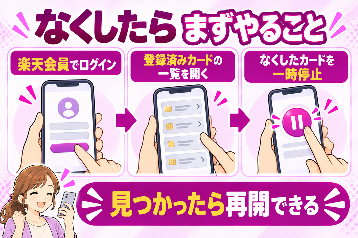 楽天ポイントカードをなくしたら、楽天会員でログインし、登録済みカードの一覧で下4桁を確かめて一時停止する