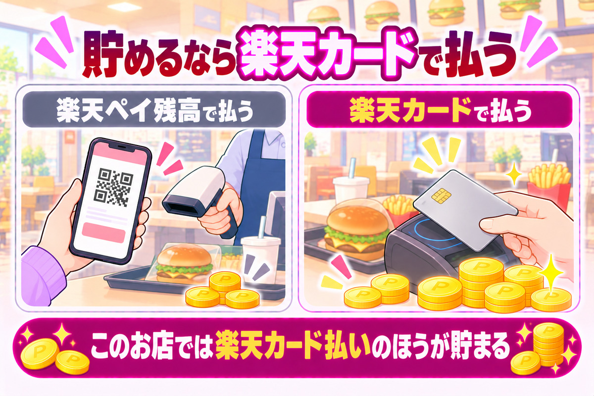 マクドナルドで楽天ポイントを貯めるなら、楽天ペイ残高ではなく楽天カードで払う