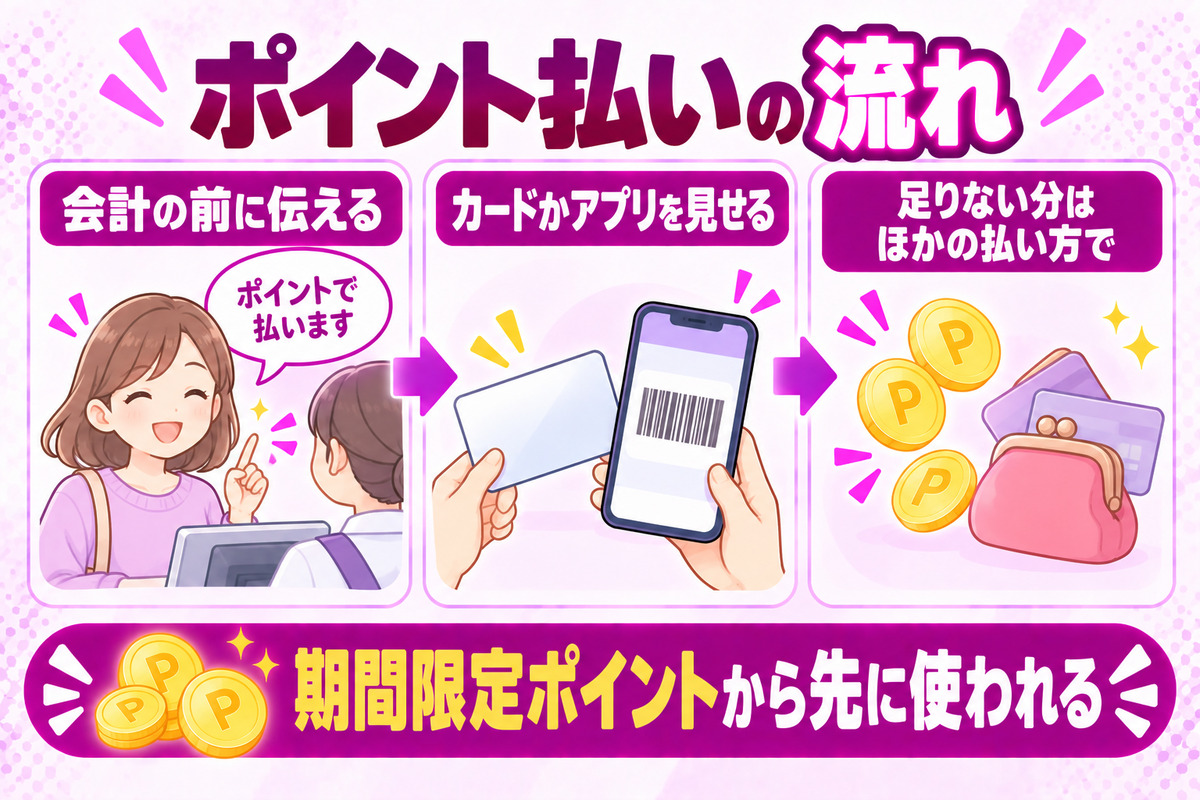 楽天ポイントカードでポイント払いする流れ。会計の前にポイントで払いますと伝え、カードかアプリを見せ、足りない分はほかの払い方で払う