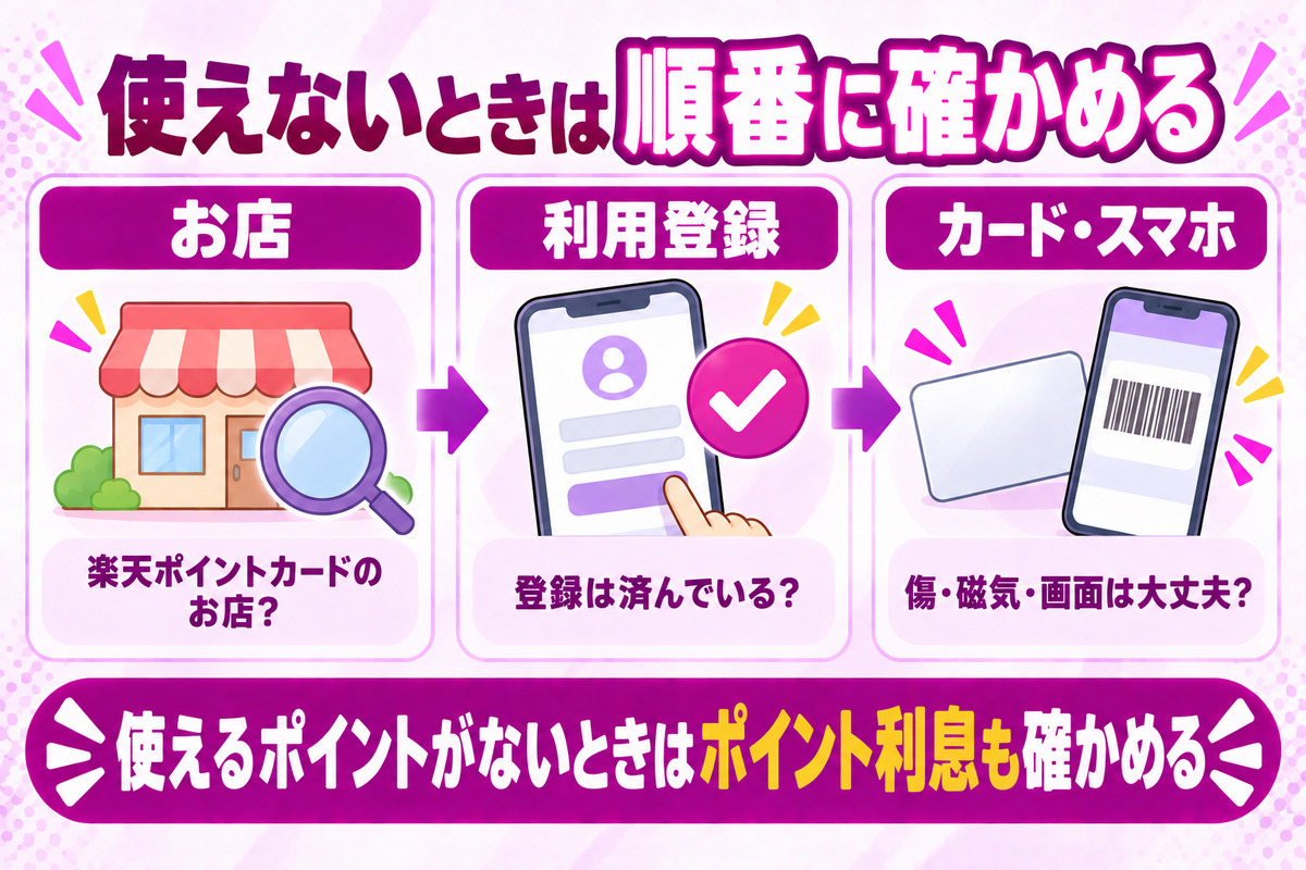 楽天ポイントカードが使えないときは、お店、利用登録、カードやスマホの状態の順に確かめる