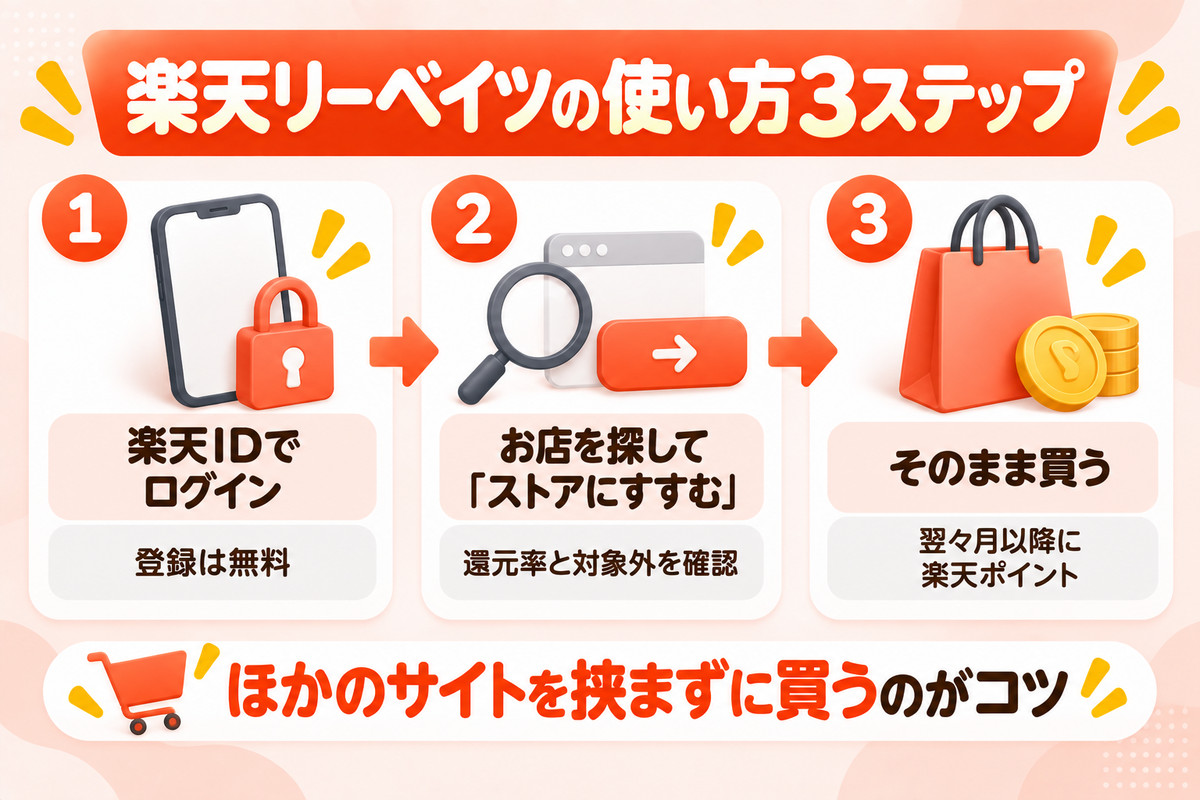 楽天リーベイツの使い方3ステップ(楽天IDでログイン・お店を探してストアにすすむ・そのまま買って翌々月以降にポイント)