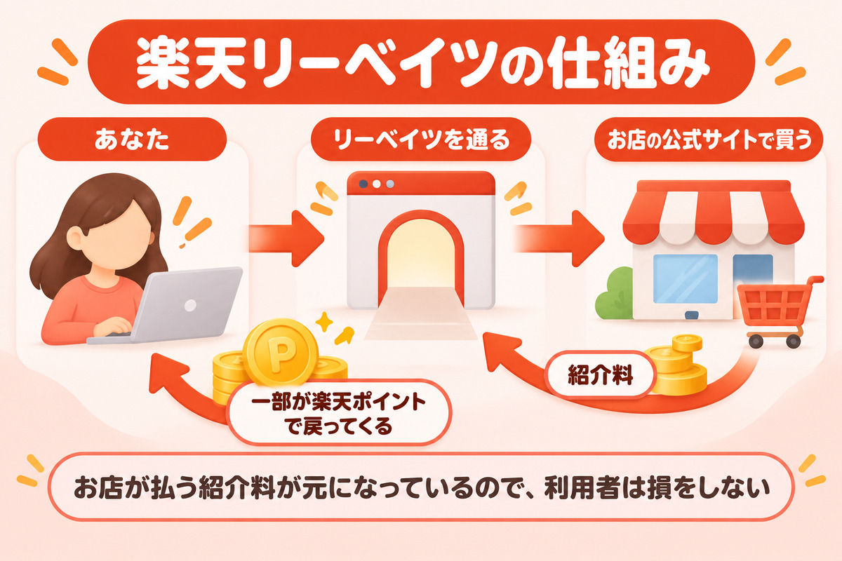 楽天リーベイツの仕組み。リーベイツを通ってお店の公式サイトで買うと、お店がリーベイツに紹介料を払い、その一部が楽天ポイントで戻ってくる