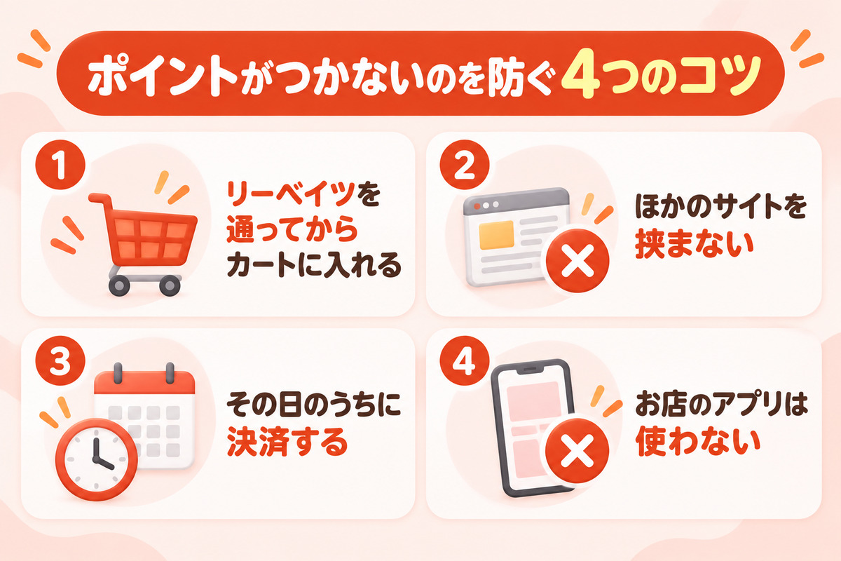 ポイントがつかないのを防ぐ4つのコツ。リーベイツを通ってからカートに入れる、ほかのサイトを挟まない、その日のうちに決済する、お店のアプリは使わない