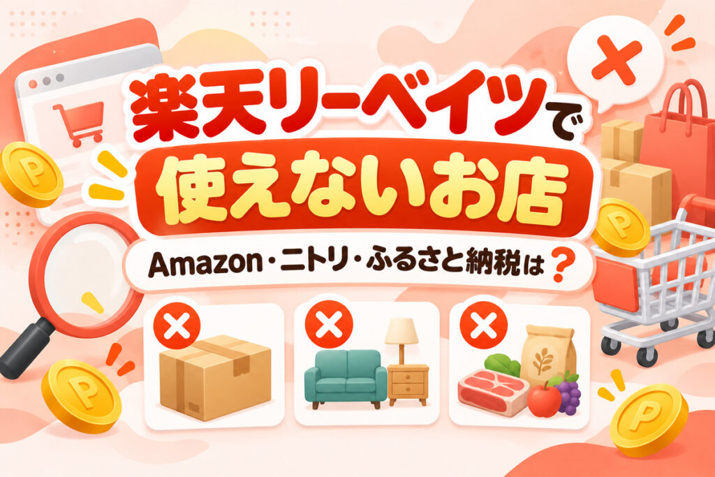 楽天リーベイツで使えないお店｜Amazon・ニトリ・ふるさと納税は？代わりの貯め方