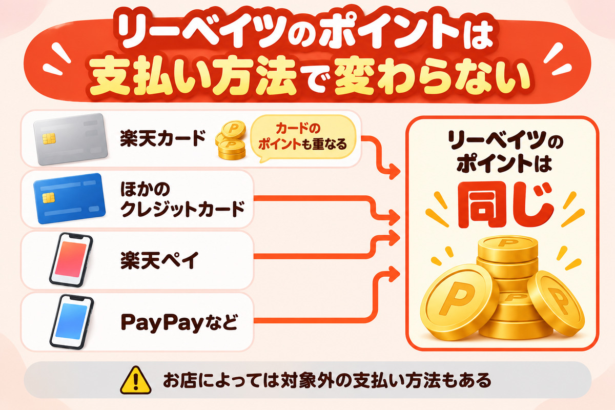 リーベイツのポイントは支払い方法で変わらない。楽天カード・ほかのクレジットカード・楽天ペイ・PayPayなどどれで払ってもリーベイツのポイントは同じで、楽天カードならカードのポイントも重なる