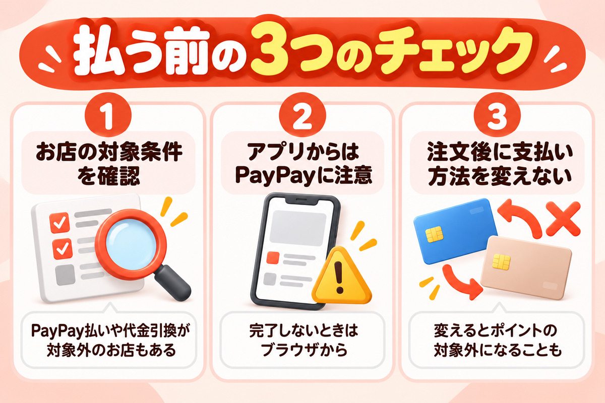 払う前の3つのチェック。お店のポイントバック対象条件で支払い方法を確認、リーベイツのアプリからだとPayPayなどが完了しないことがある、注文後に支払い方法を変えない