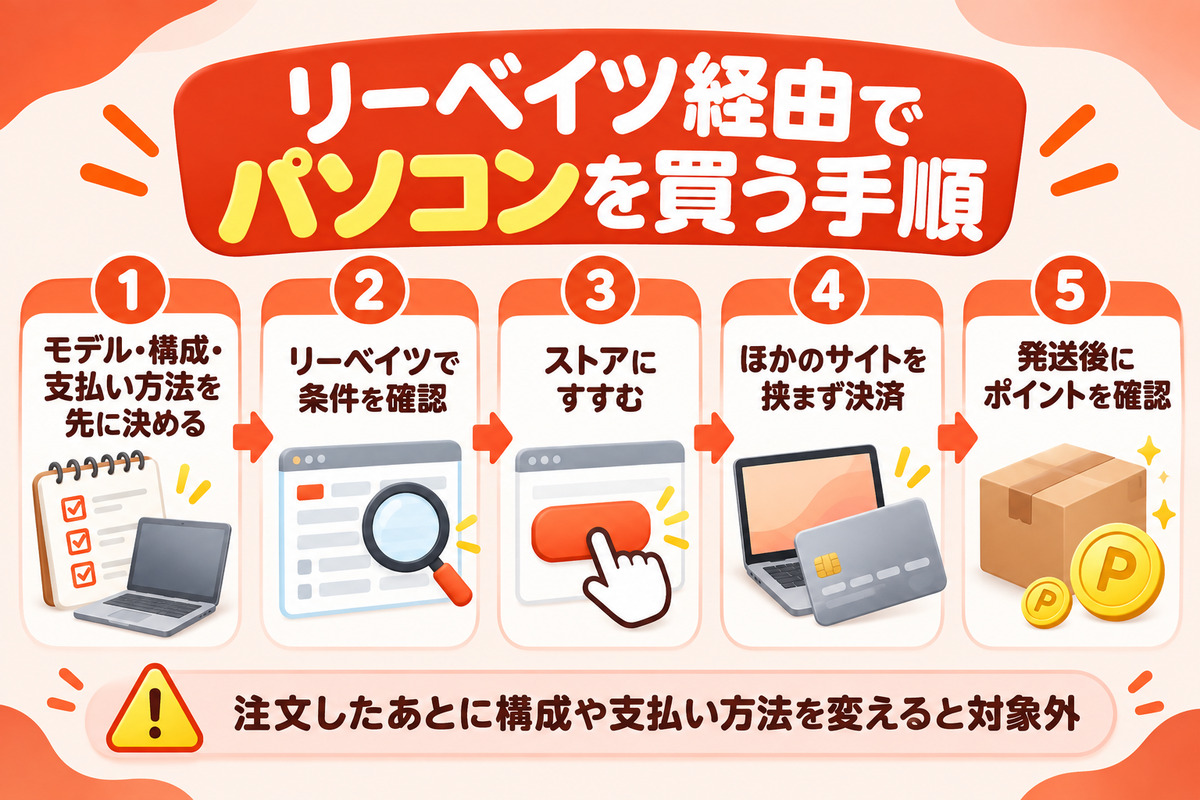 リーベイツ経由でパソコンを買う手順。モデル・構成・台数・支払い方法を先に決める、リーベイツで条件を確認、ストアにすすむ、ほかのサイトを挟まずそのまま決済、発送後に獲得予定ポイントを確認