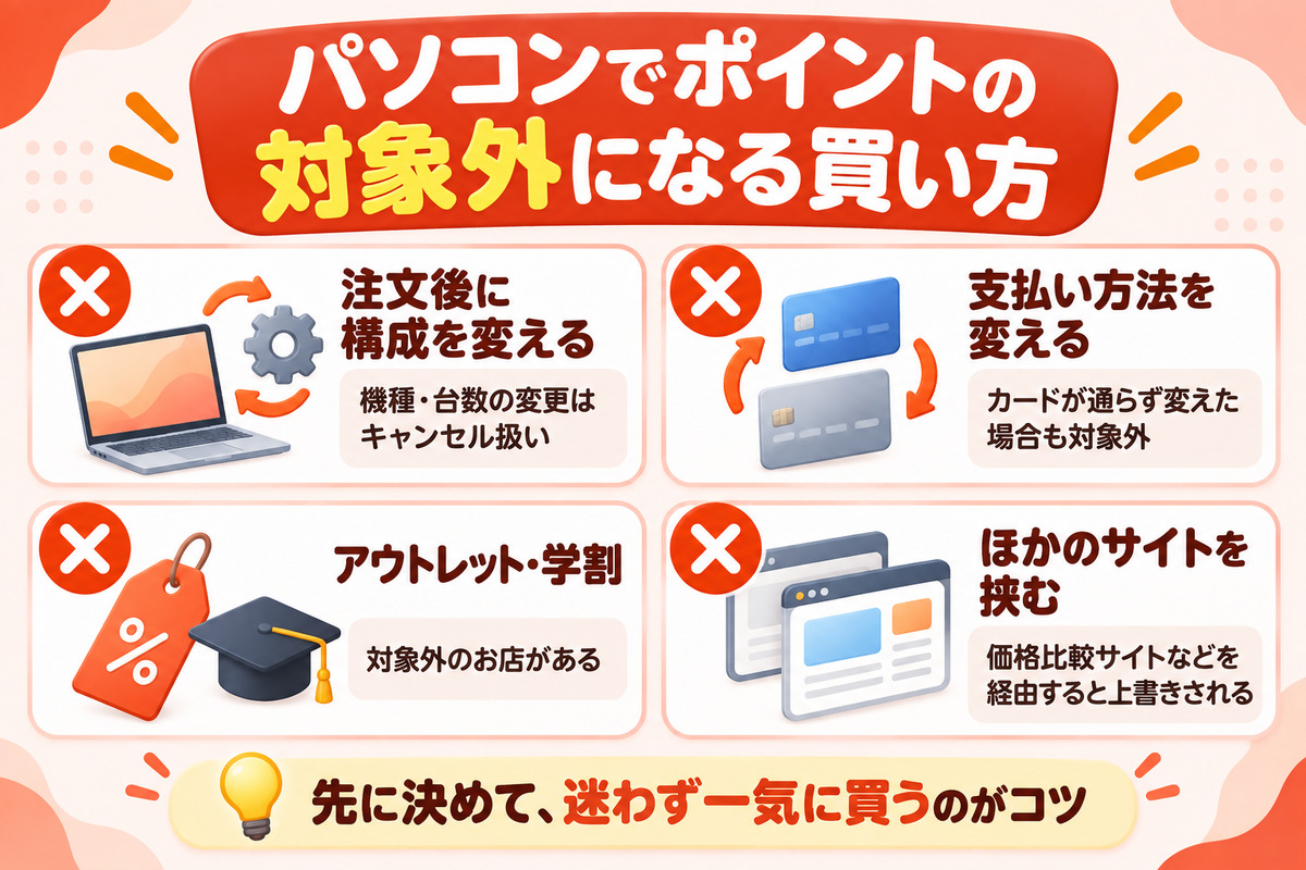 パソコンでリーベイツのポイントの対象外になる買い方。注文後の機種や構成の変更、支払い方法の変更、アウトレットや学割・学生ストア、価格比較サイトなどほかのサイトを挟む