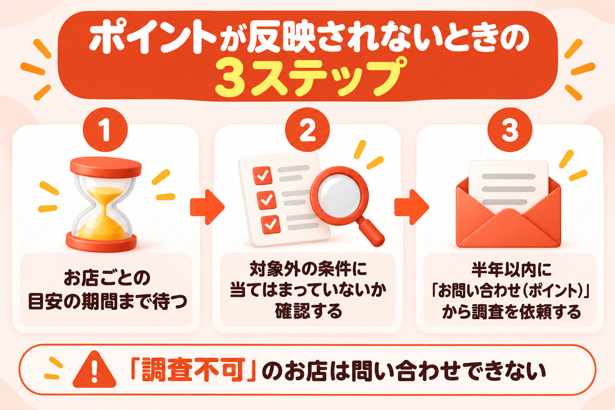 ポイントが反映されないときの3ステップ。お店ごとの目安の期間まで待つ、対象外の条件に当てはまっていないか確認する、半年以内にお問い合わせ(ポイント)から調査を依頼する