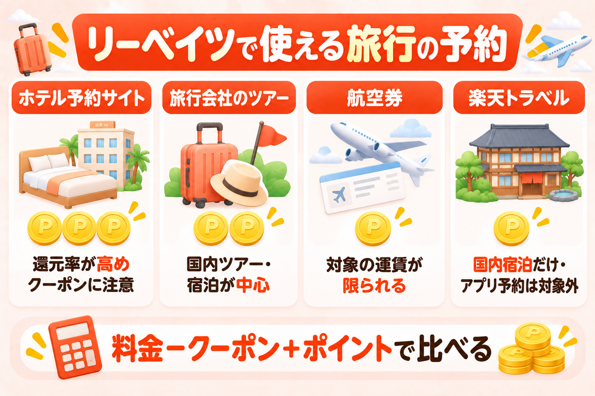 リーベイツで使える旅行予約の種類。ホテル予約サイトは還元率が高め、旅行会社のツアーは中くらい、航空券は低め、楽天トラベルは国内宿泊だけ