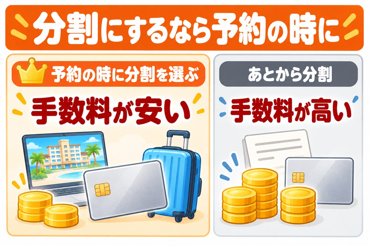 分割にするなら予約の時に|予約の時に分割を選ぶ=手数料が安い/あとから分割=手数料が高い