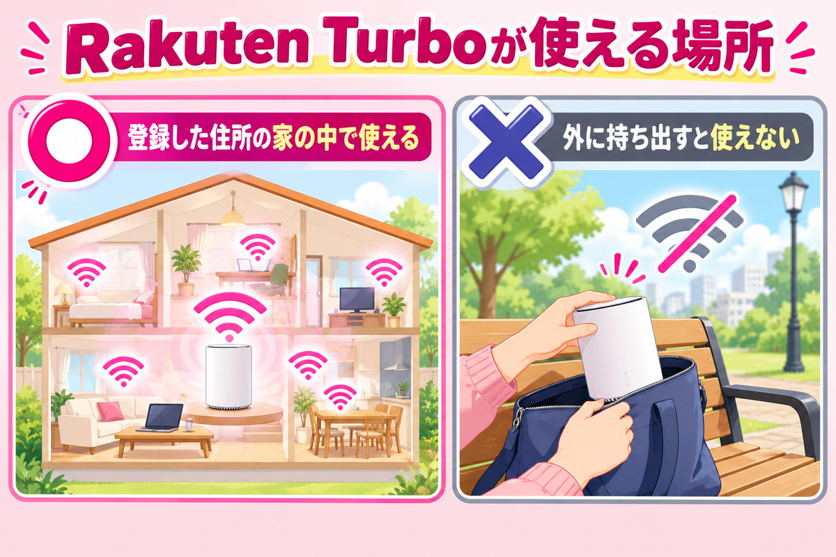 Rakuten Turboは登録した住所の家の中だけで使え、外に持ち出しては使えない
