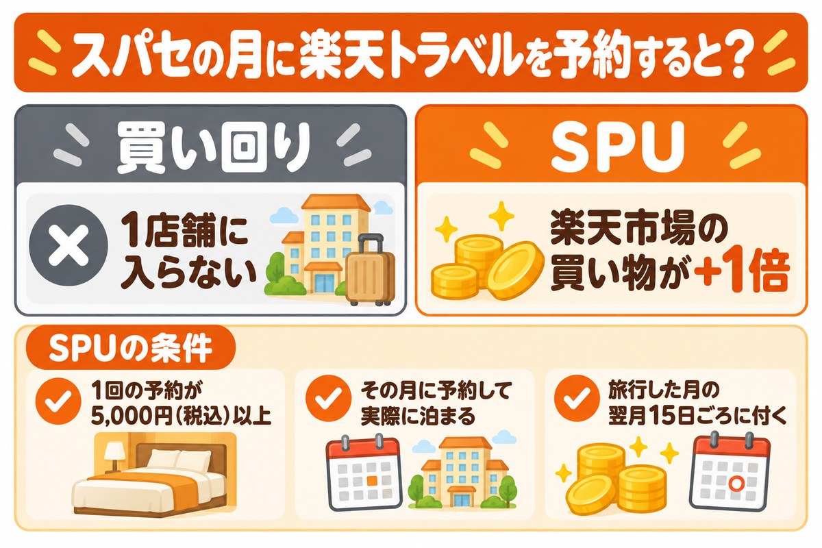 スパセの月に楽天トラベルを予約すると?|買い回り=1店舗に入らない/SPU=楽天市場の買い物が+1倍(条件:1回の予約が5,000円(税込)以上・その月に予約して実際に泊まる・旅行した月の翌月15日ごろに付く)