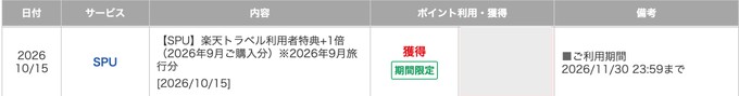 楽天PointClubのポイント実績|SPU「楽天トラベル利用者特典+1倍(2026年9月ご購入分)※2026年9月旅行分」が10月15日に期間限定ポイントで獲得(ポイント数は隠しています)