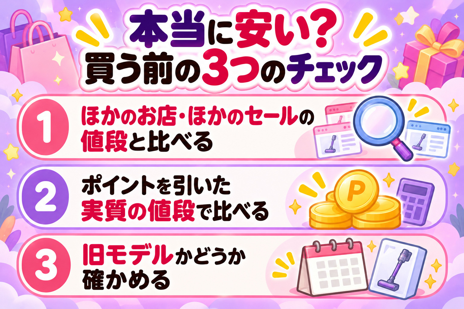 本当に安い?買う前の3つのチェック 1ほかのお店・ほかのセールの値段と比べる 2ポイントを引いた実質の値段で比べる 3旧モデルかどうか確かめる